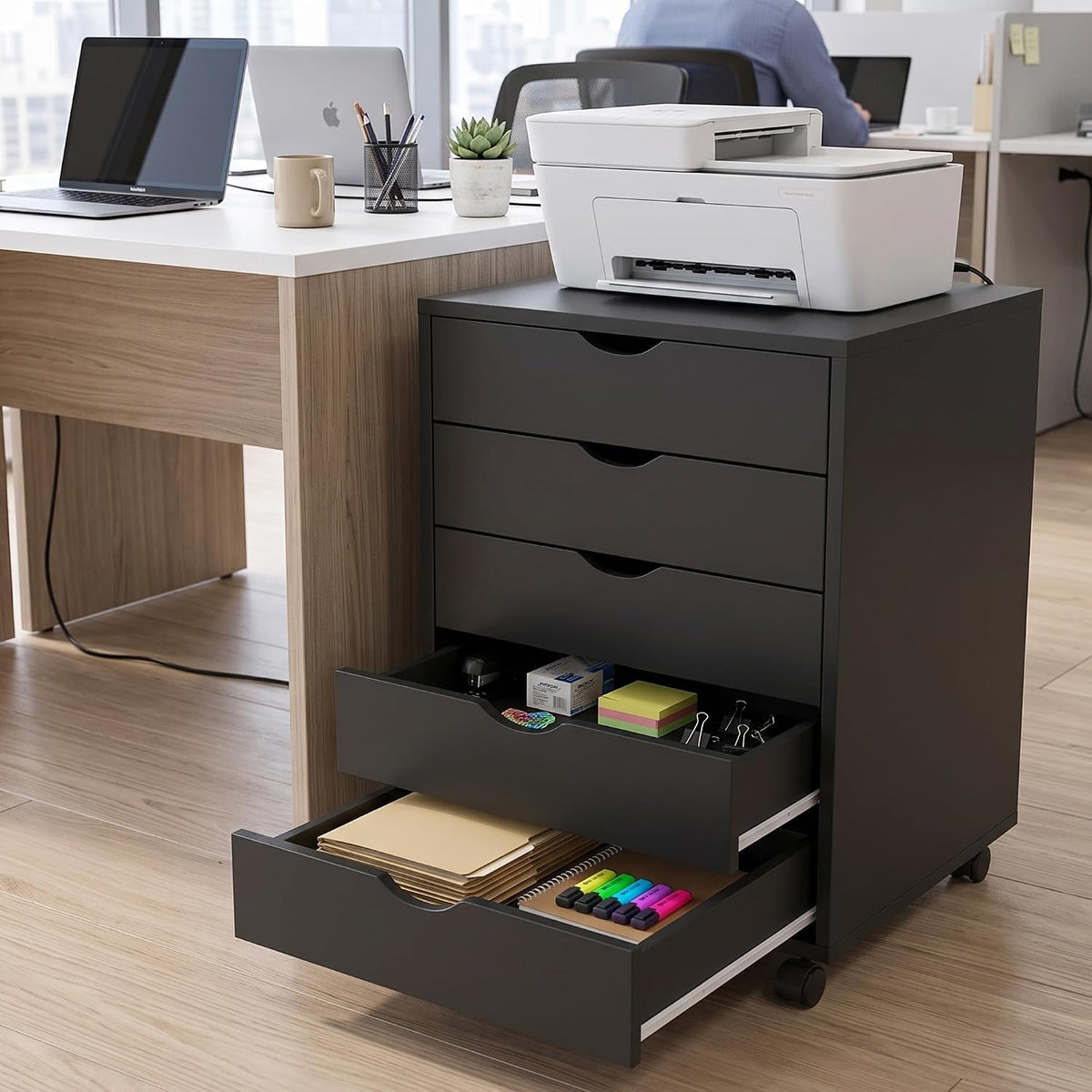 5 Drawer File Cabinet with Wheels, Under Desk Storage Drawers, Black