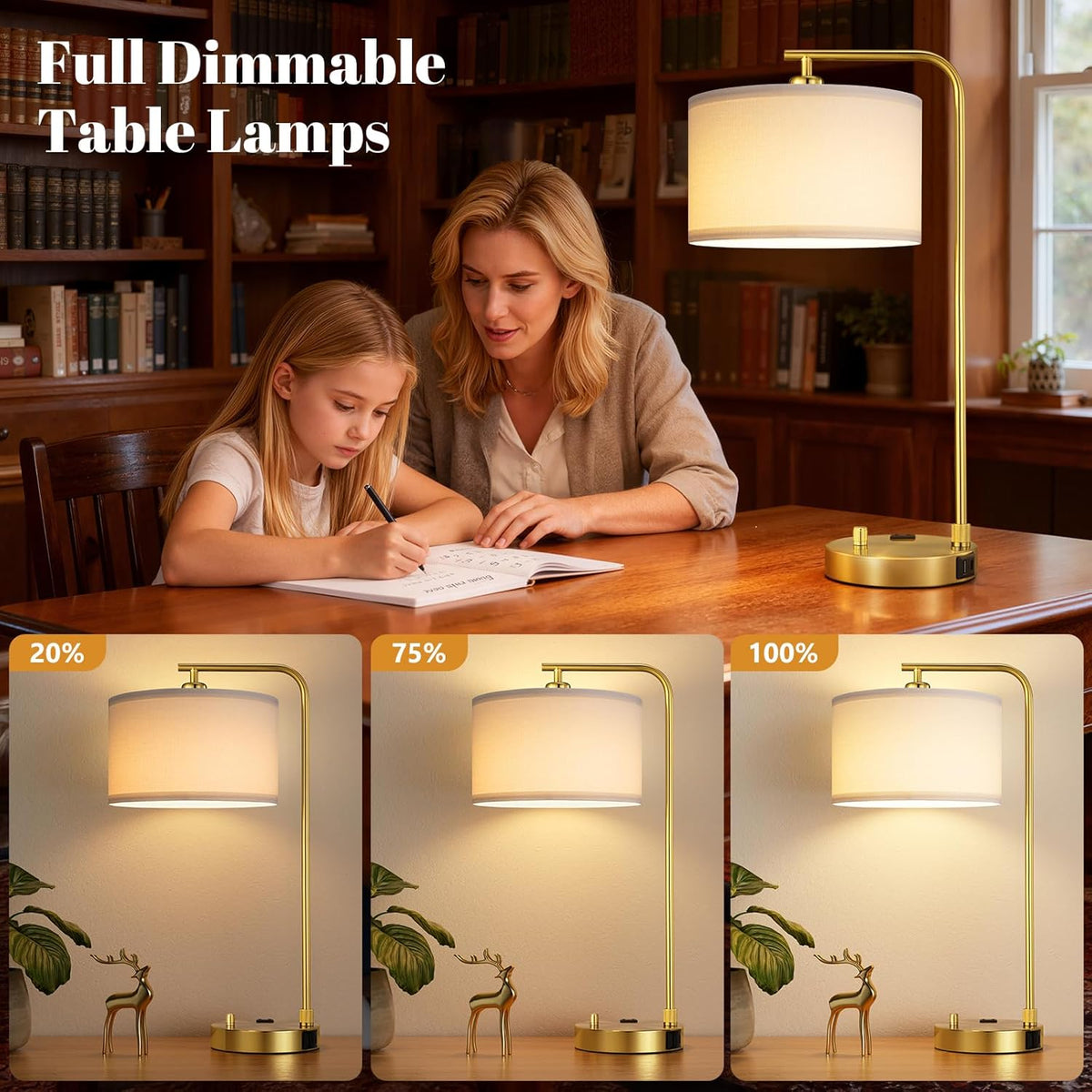 gold bedside lamps set of 2, fully dimmable shown in use