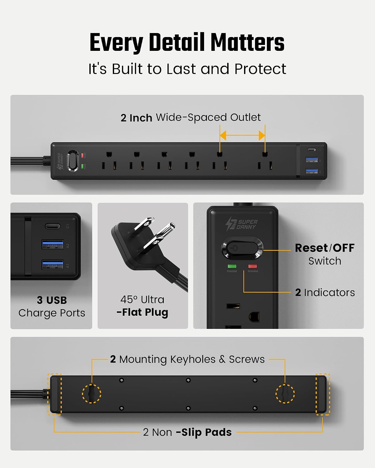 20Ft Long Extension Cord, SUPERDANNY Flat Plug Surge Protector Power Strip