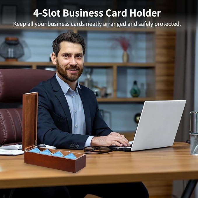 Wooden Business Card Holder, 4-Compartment Card Storage Box, Business Card - Image 3