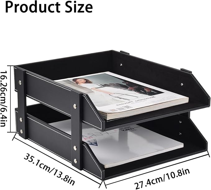 Leather Desk Organizer, 2-Tier Stackable Letter Tray Holder, Office Supplies - Image 3
