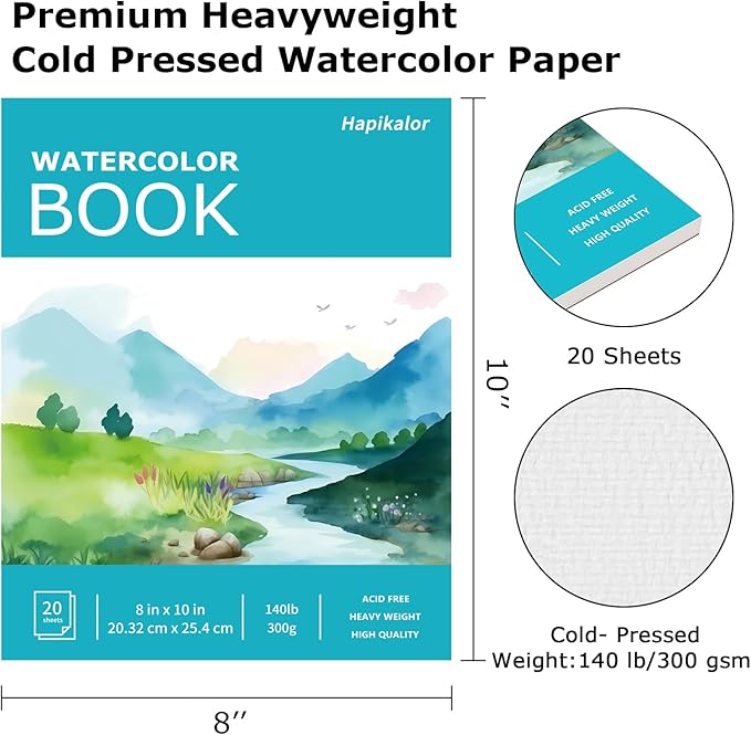 Hapikalor 8"x10" Watercolor Paper Pad, 140lb/300gsm Artist Painting Drawing - Image 2