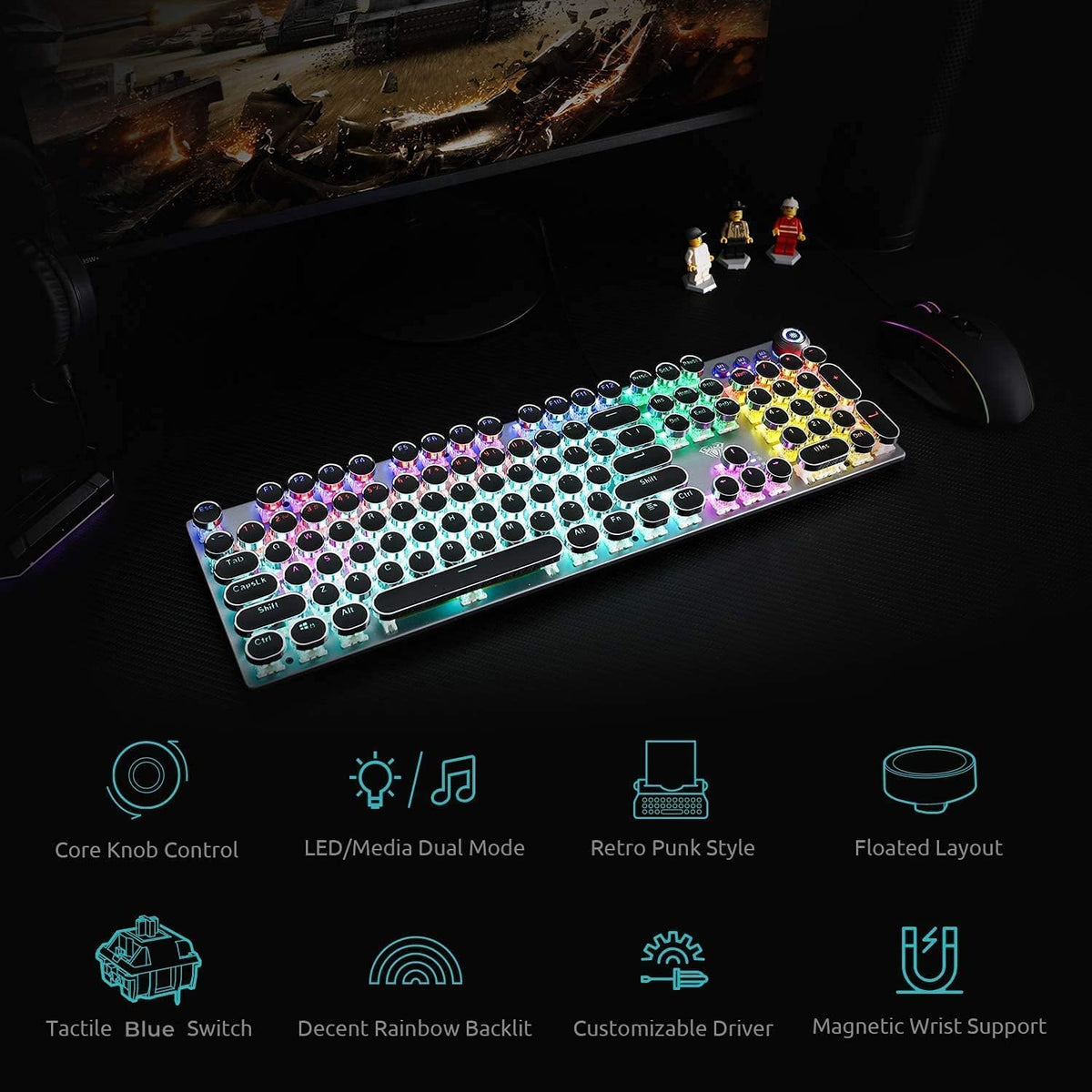 AULA F2088 Typewriter Style Mechanical Gaming Keyboard Wired, 104 Keys