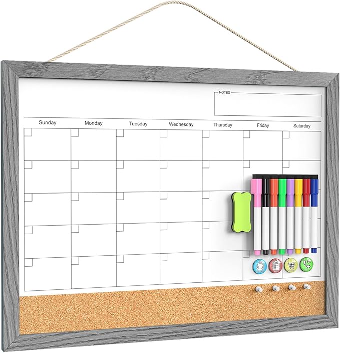 Calendar Whiteboard for Wall, 18x24 Inches Dry Erase Calendar Cork Board Combo by Tankee