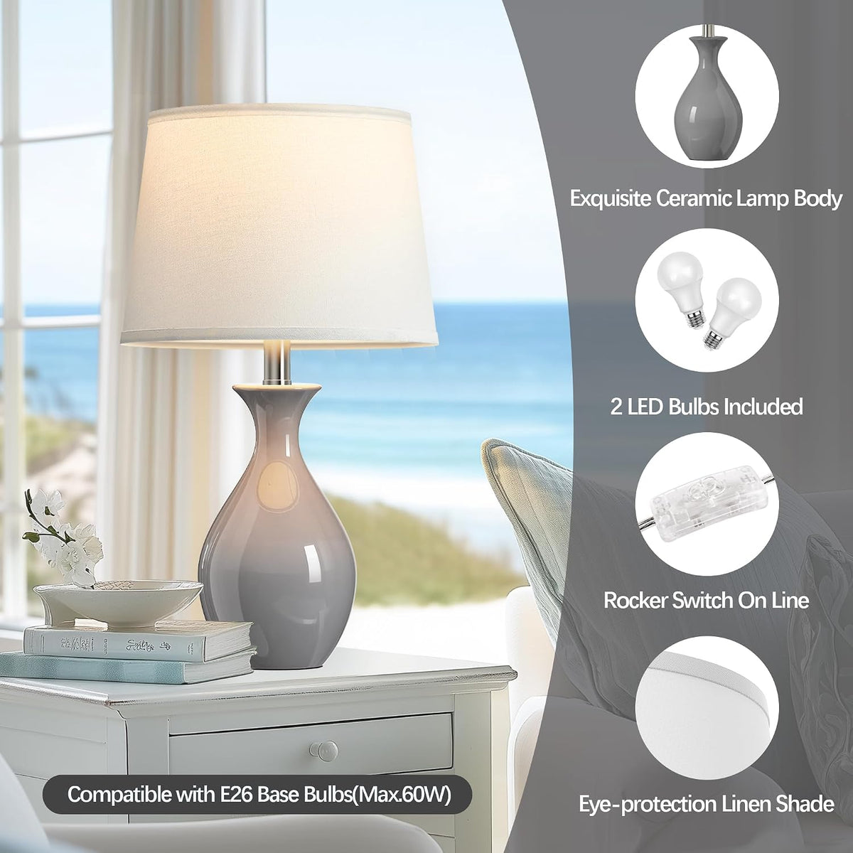 PARTPHONER Table Lamp Set of 2, Modern Ceramic Bedside Lamps for Night Stands...