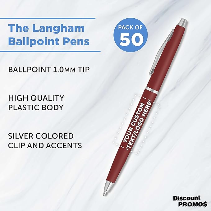 DISCOUNT PROMOS Custom Langham Ballpoint Pens Set of 50, Personalized Bulk Pack - Image 3