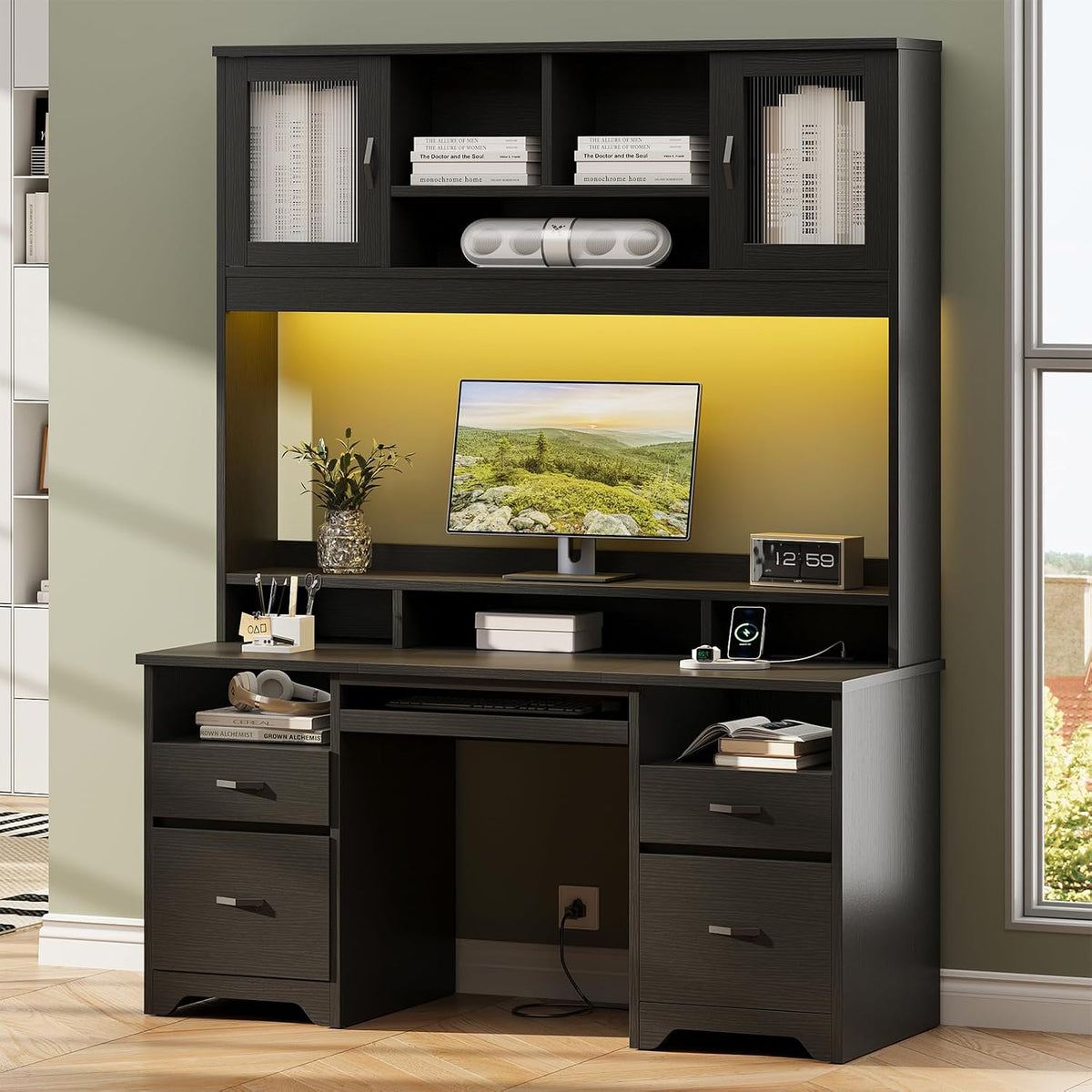 Bestier 77.8" H Computer Desk with Hutch, Charging Station, LED Light,Black
