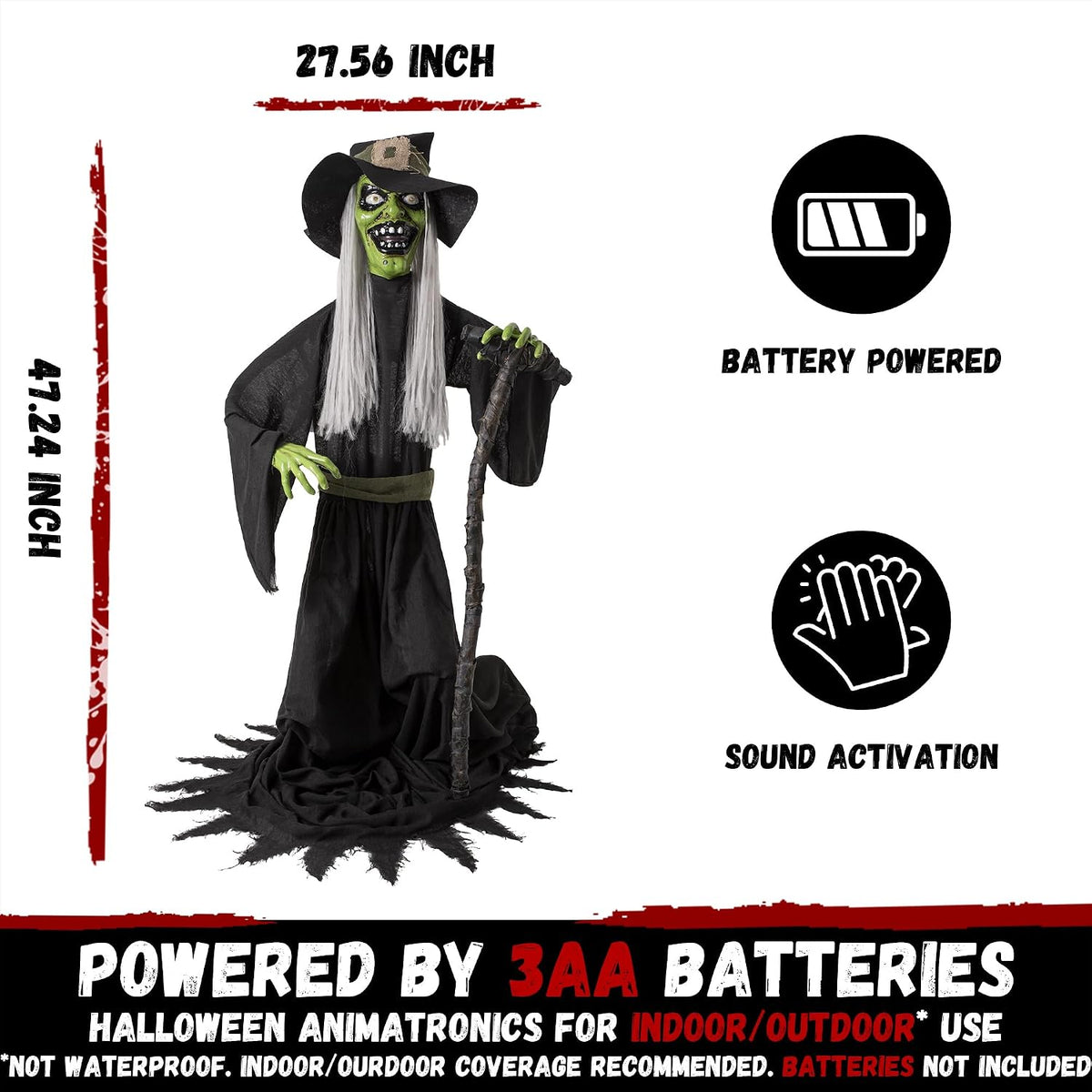 Halloween Animatronic Jump-Scare Witch Decoration, Sound Activated, Red Eyes,...