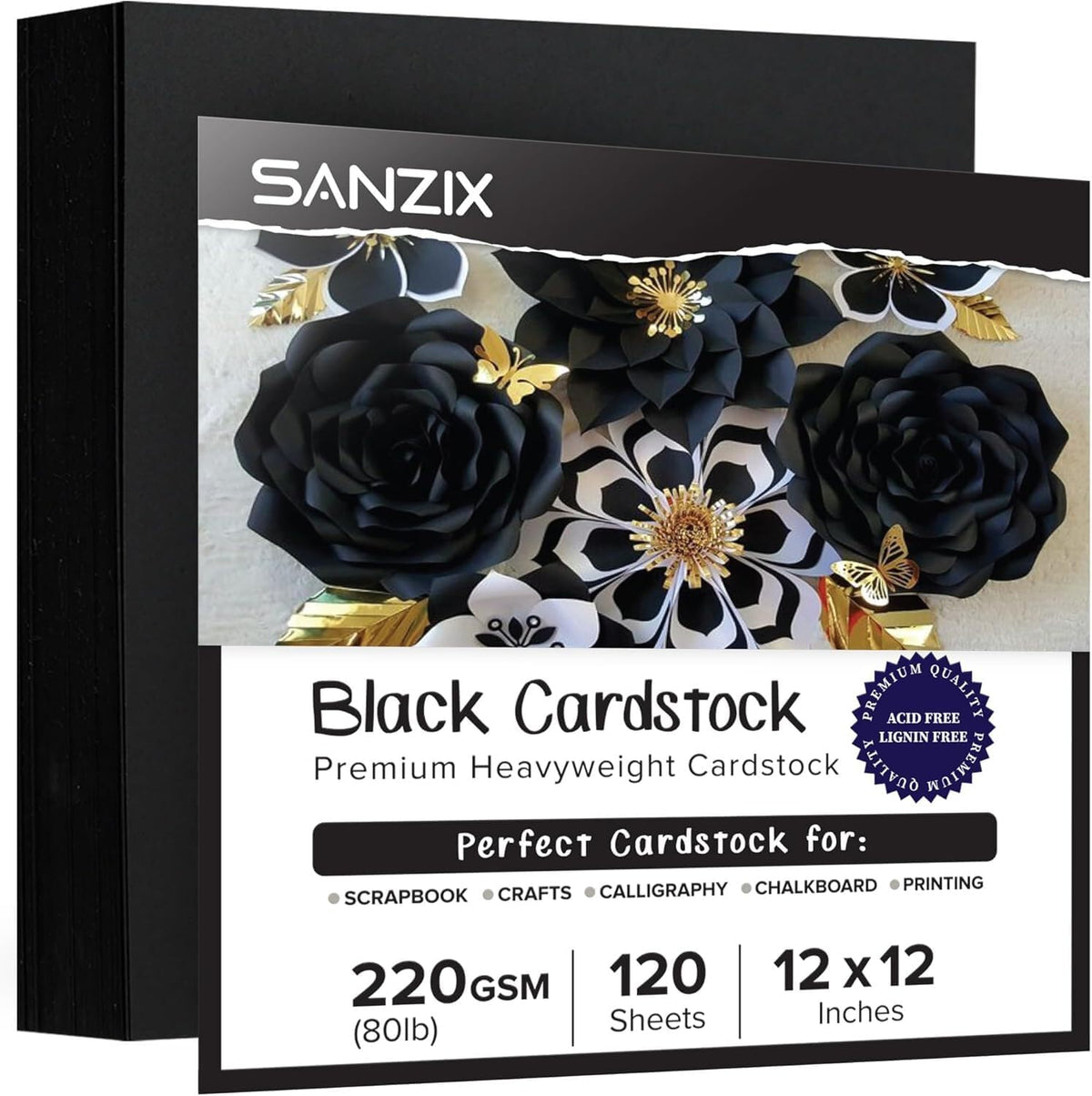sanzix 120 sheets black cardstock 12x12 - heavyweight, main product view