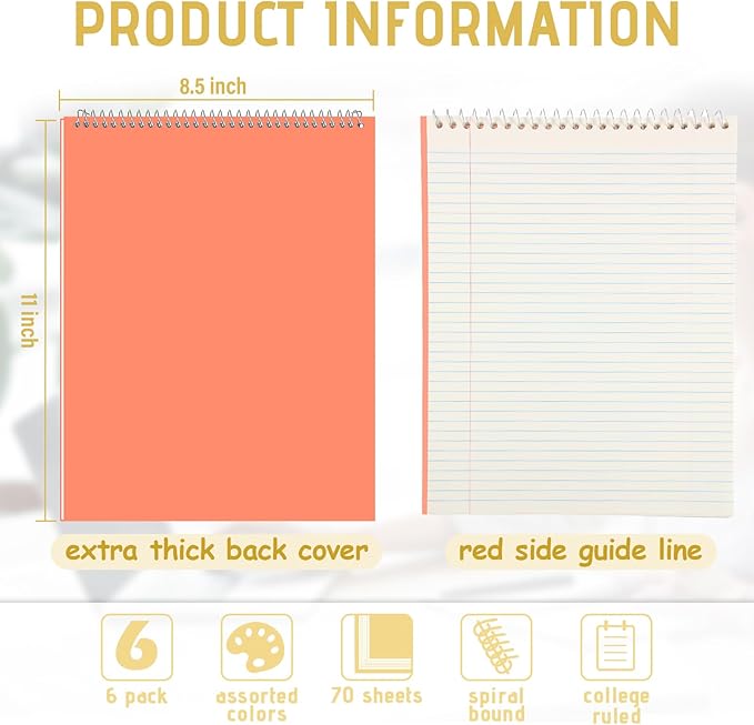 Maitys 6 Pcs Legal Pad Steno Spiral Notebook 8.5" x 11" Top Bound Spiral Pads - Image 2