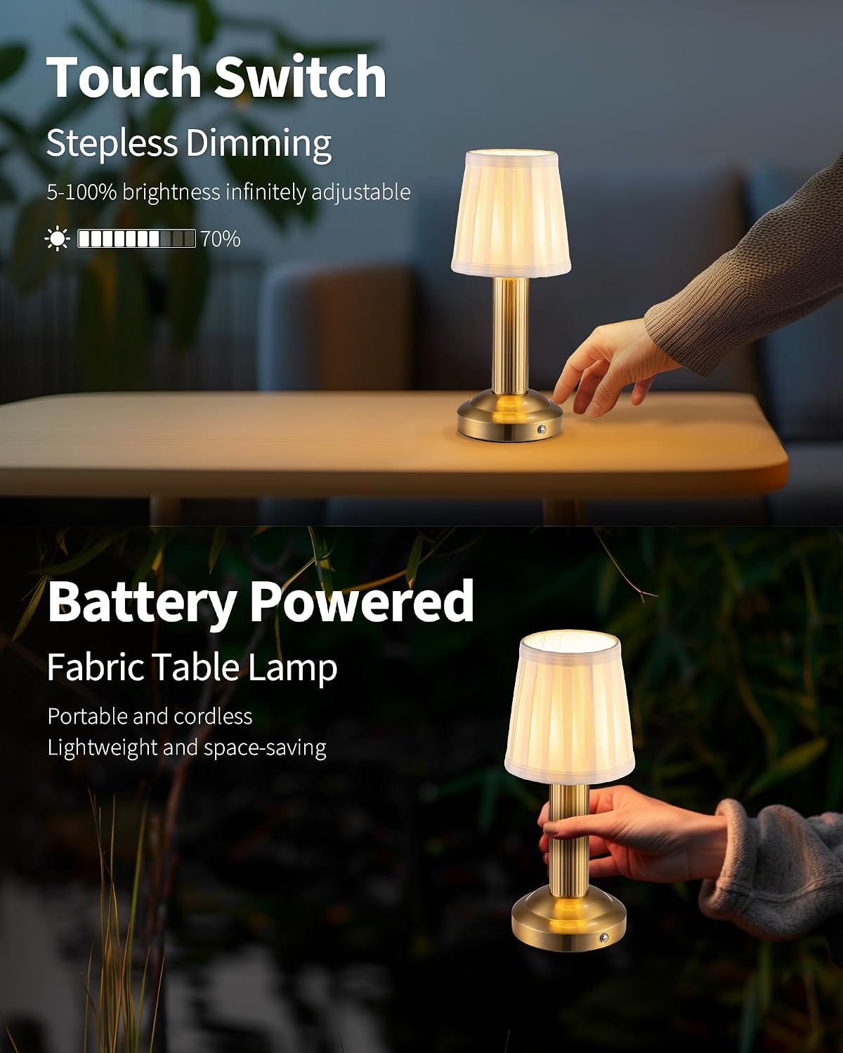 Small Cordless Table Lamp 2 Pack, Gold Fabric Shade LED Touch Lamps