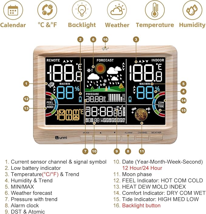 Weather Station Indoor Outdoor Thermometer Wireless, Home Atomic Clock - Image 6