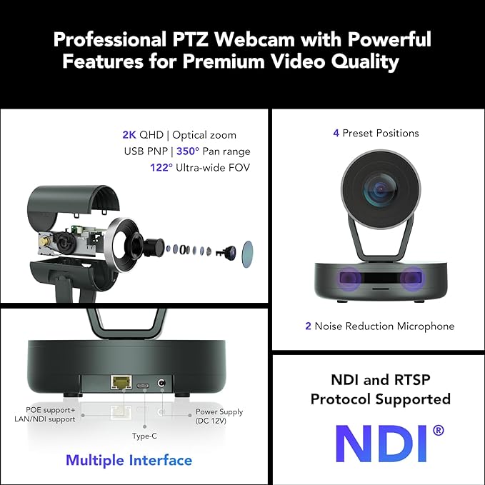 NEARITY V410 NDI PTZ Camera, 2K 10x Hybrid Zoom Video Conference Webcam - Image 2