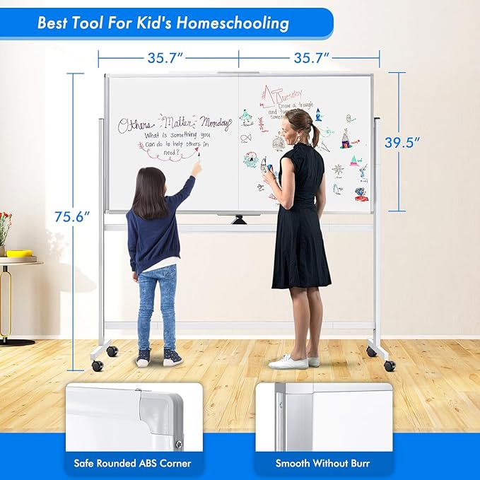 maxtek Rolling Whiteboard, 72x40 Large Double-Sided White Board Dry Erase on - Image 5