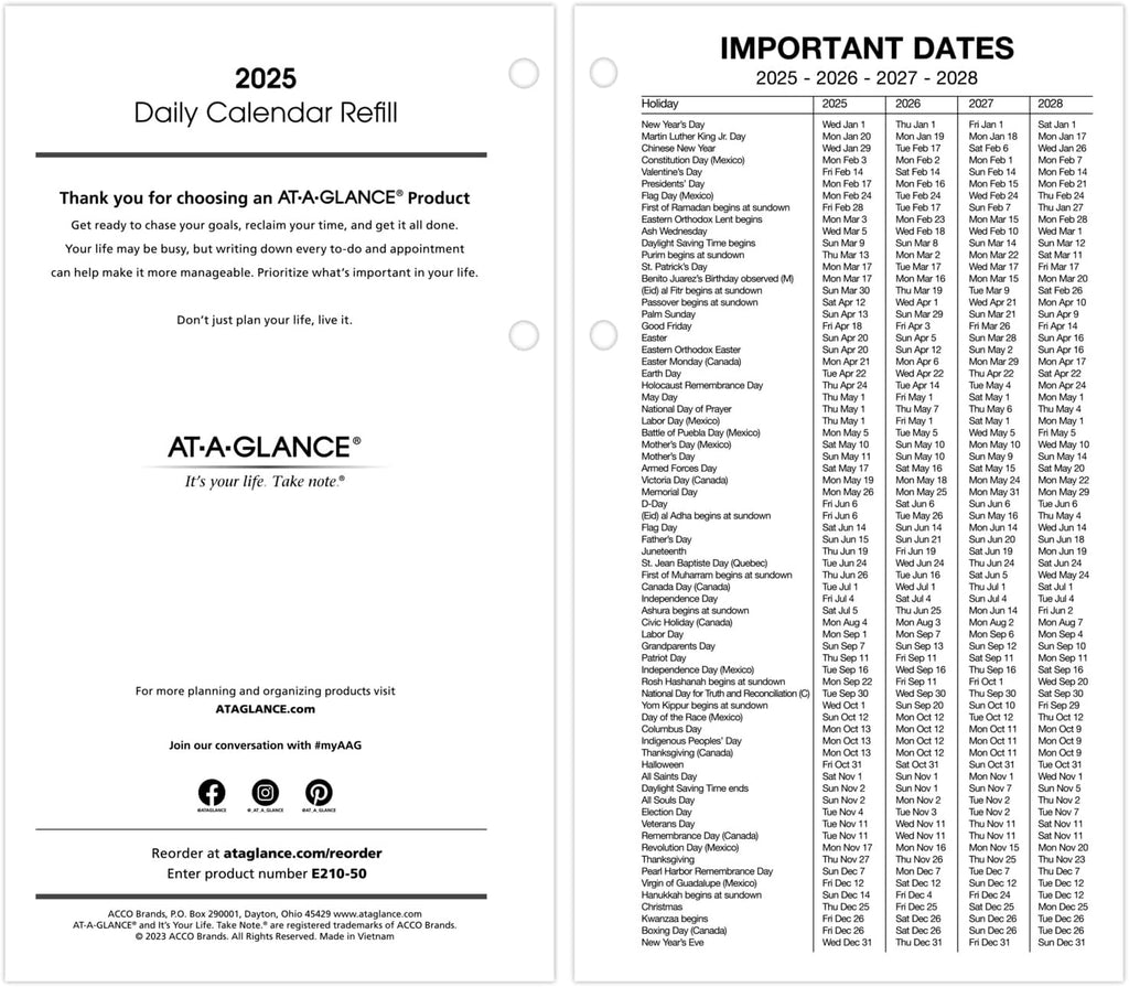 AT-A-GLANCE 2025 Desk Calendar Refill, Daily, 4-1/2" x 8", Large, Loose-Leaf (E2105025)