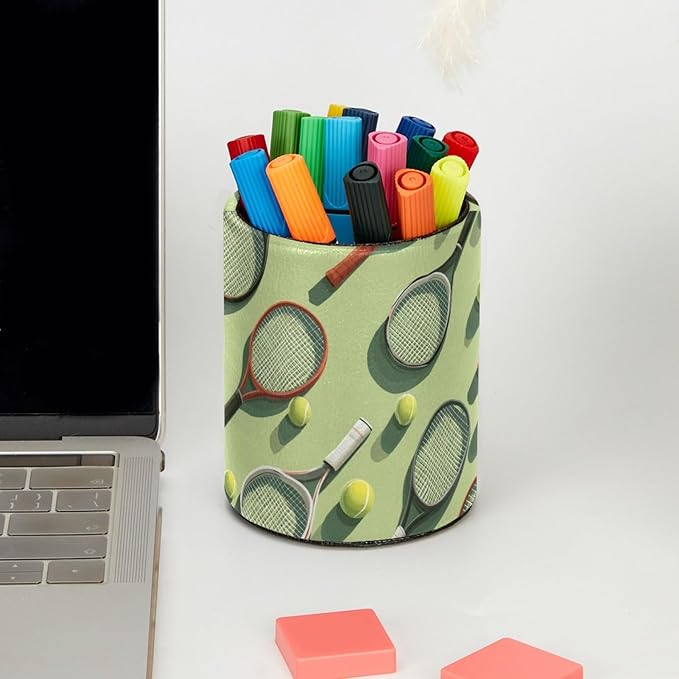 Leather Pen Holder for Desk Tennis Balls Racket Painted Pencil Cup Desktop - Image 5