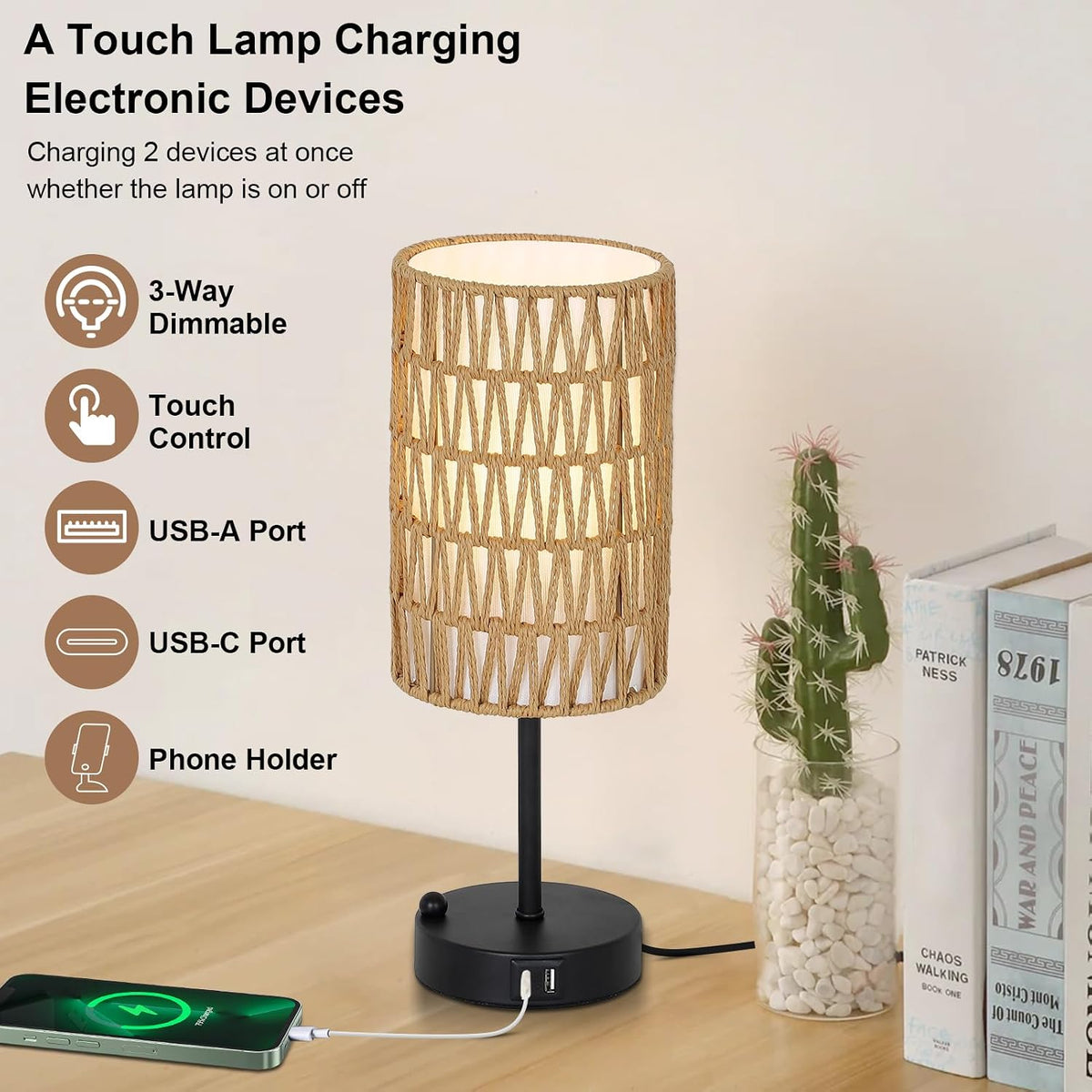 Touch Table Lamp For Bedroom with Bulb, Boho Small Desk Lamp For Living Room ...