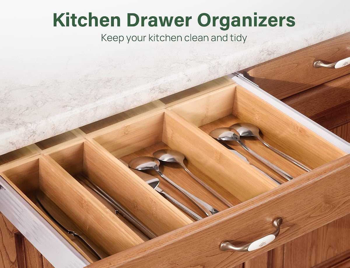 Kootek 8Pcs Bamboo Drawer Organizer 4-Size Kitchen Storage Box for Flatware