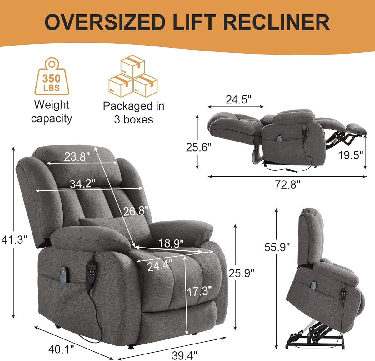 Dual Motor Infinite Position Power Lift Recliner Chair for Elderly, Grey