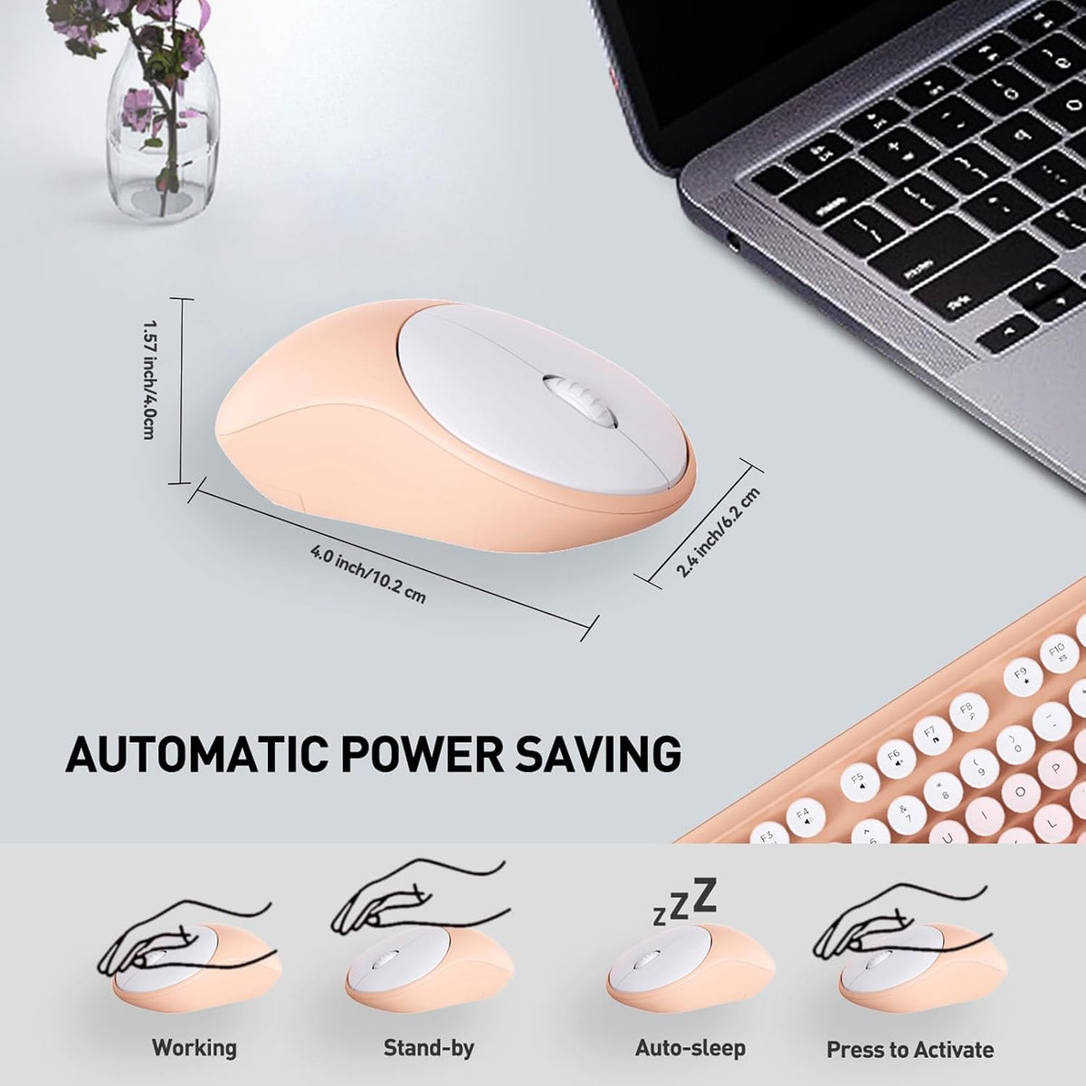 Wireless Keyboard and Mouse Combo,Cute Round Keys,for Long Nail,Orange Pink
