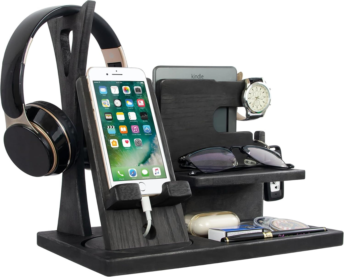 Gift for Men Nightstand Organizer with Headphone Stand & Rotating Phone S...