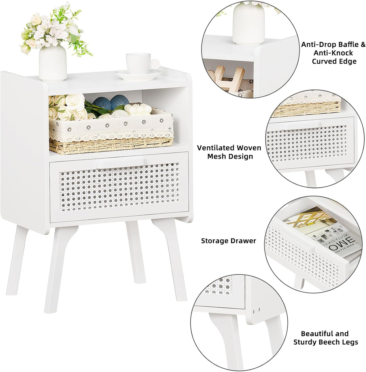 Lerliuo Rattan Nightstand, Side Table with Drawer Open Shelf