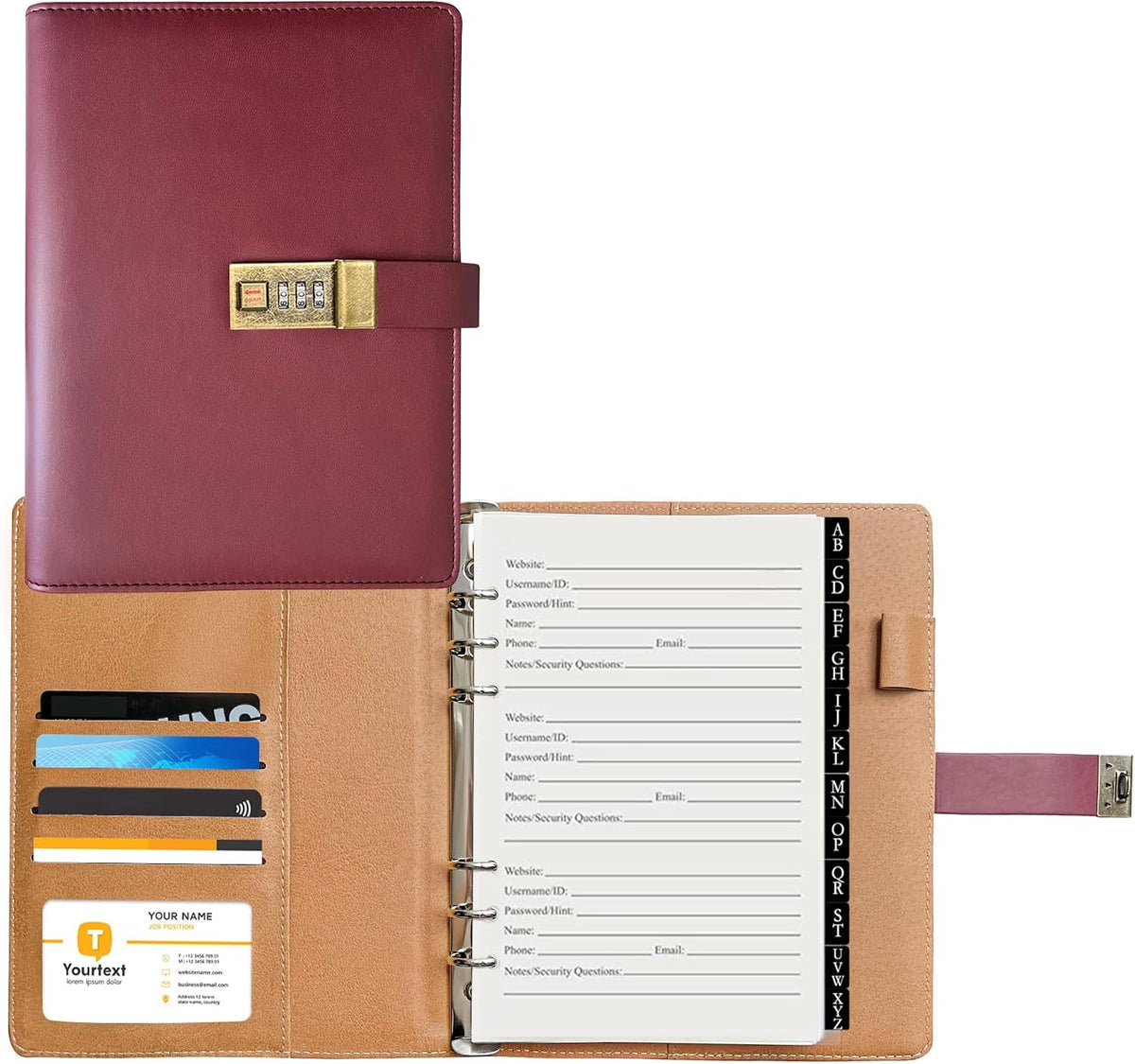 a5 password book with combination lock & alphabetical, main product view
