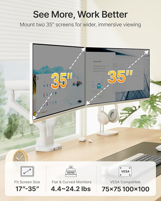 monTEK Dual Monitor Arm with USB, Mechanical Spring Monitor Arm - Image 2