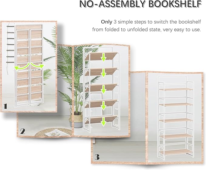 4NM No Assembly 5 Tiers Folding Bookshelf Storage Shelves Vintage Bookcase - Image 6