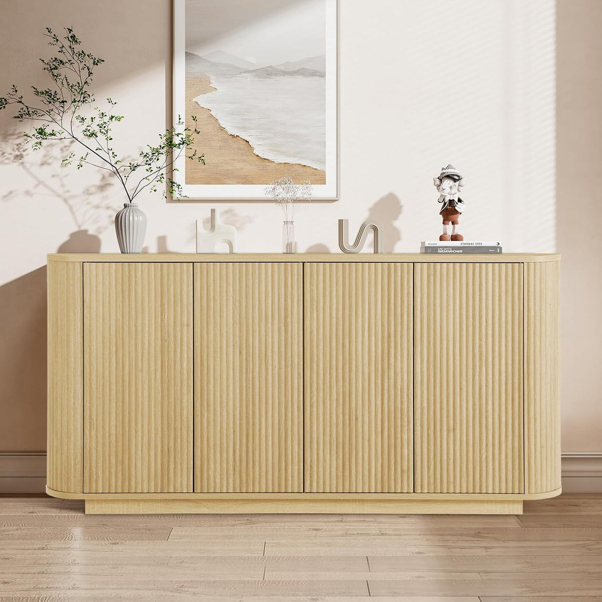 64" Fluted Buffet Cabinet with Storage, Natural Sideboard Cabinet