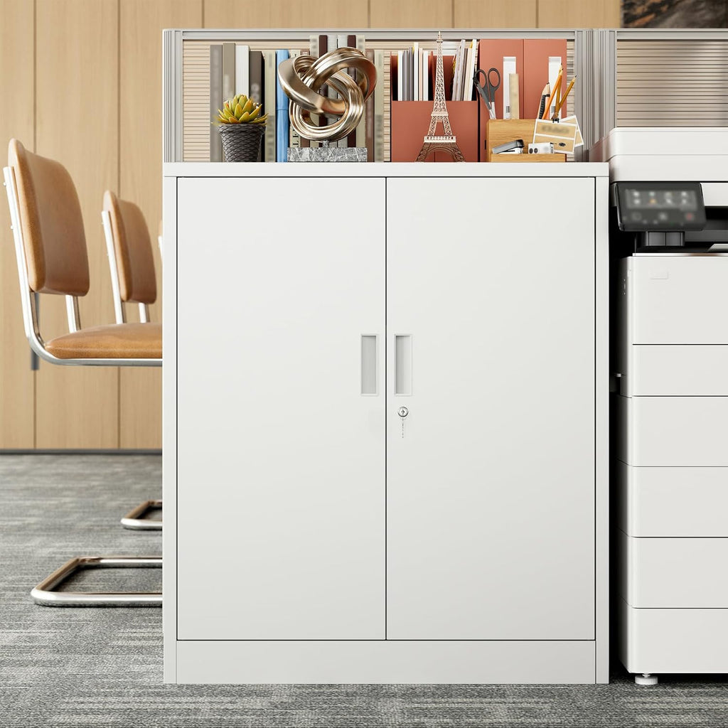 BESFUR Metal Storage Cabinet, Garage Storage Cabinet with 2 Adjustable Shelves, Locking Short Storage Cabinet for Office Garage Home, White Metal Cabinets (36" H x 31.5" W x 16" D)
