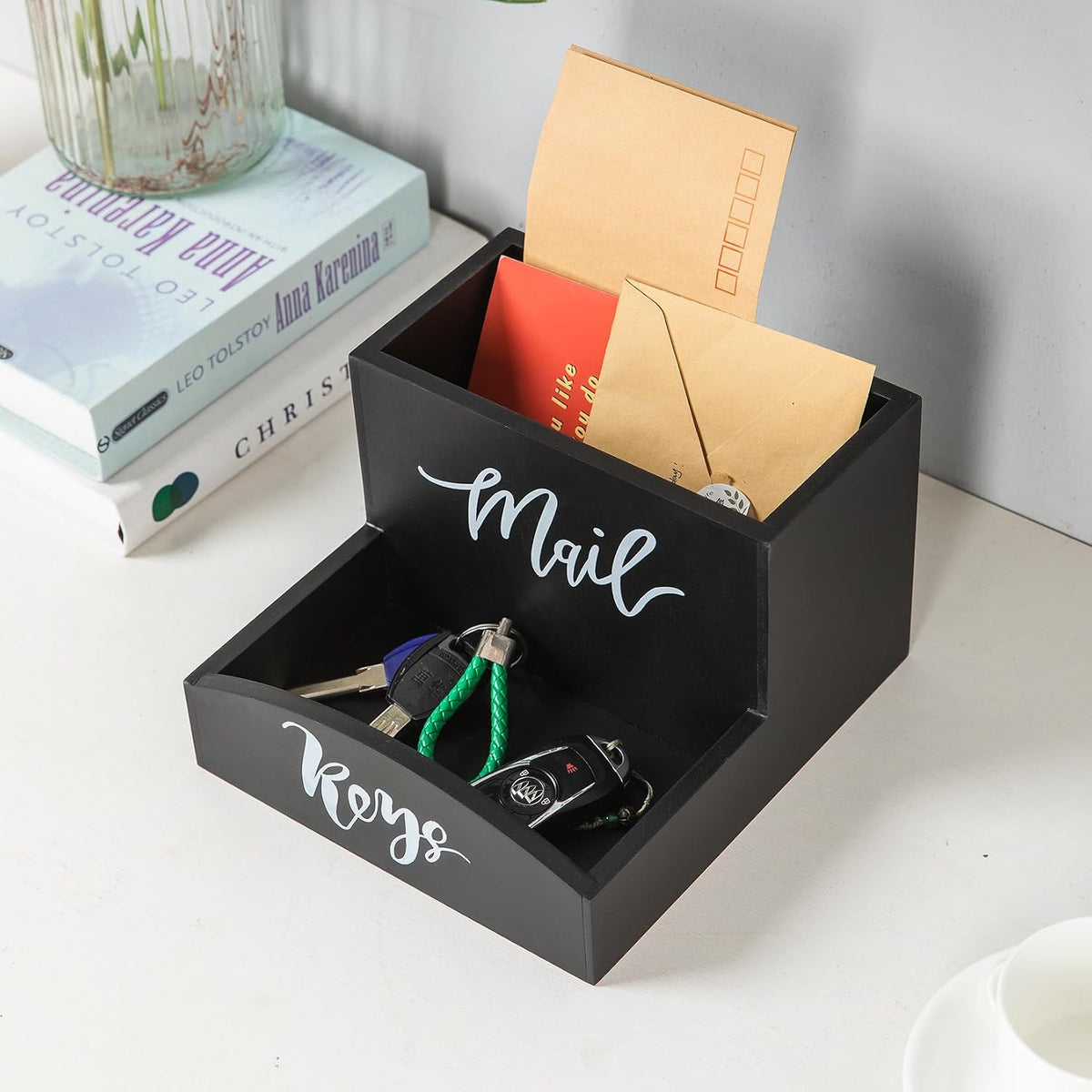 Rustic Black Torched Wooden Key Mail Organizer Word Front Label Table Top Org...