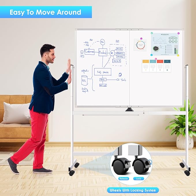 maxtek Rolling Whiteboard, 48x36 Large Magnetic White Board - Image 3