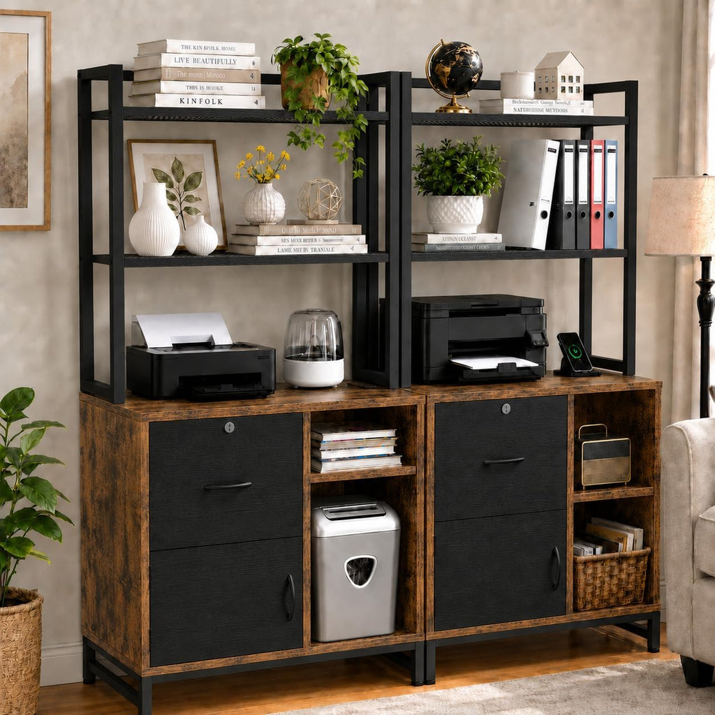 homieasy vertical filing cabinet with bookshelf, rustic brown shown in use