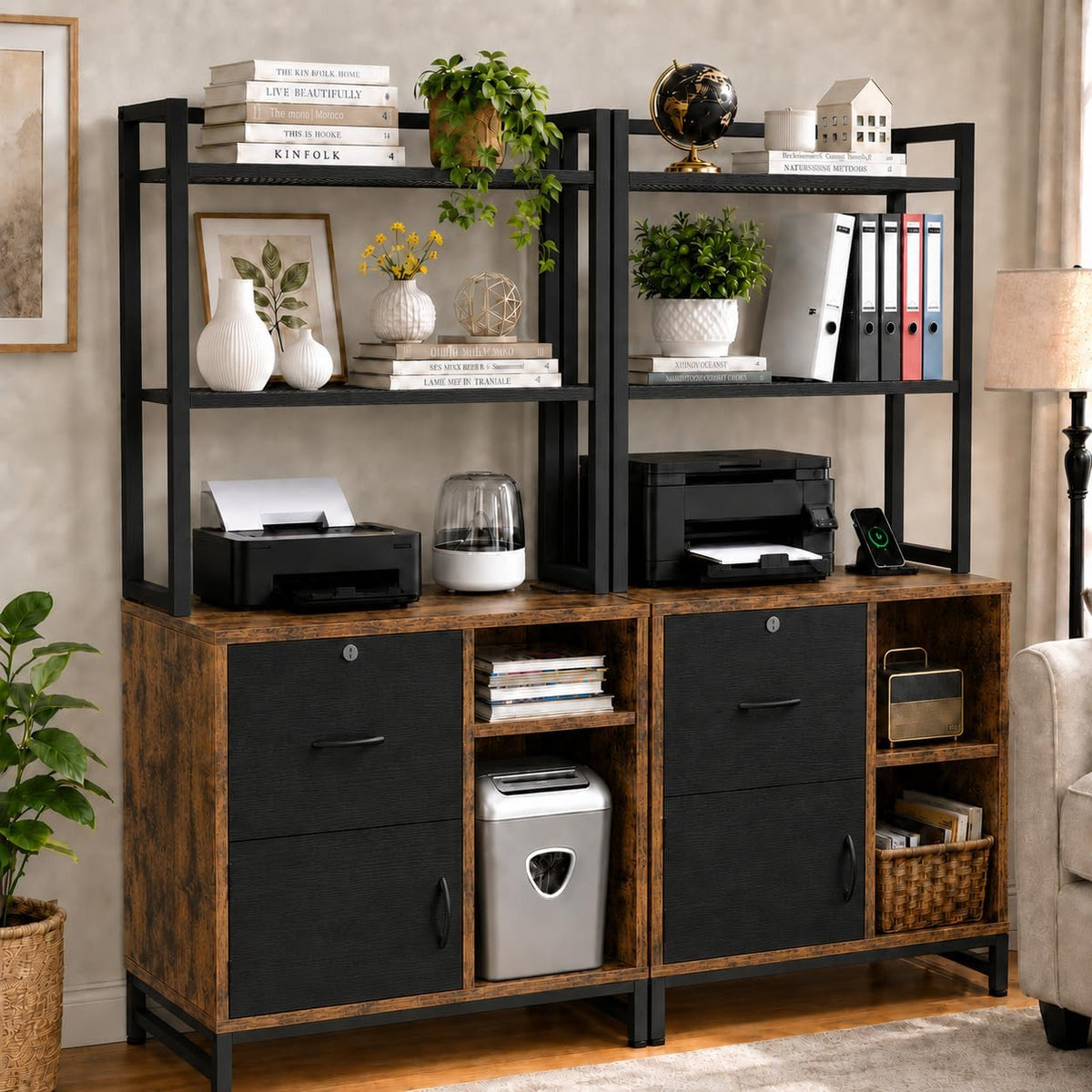 homieasy vertical filing cabinet with bookshelf, rustic brown shown in use