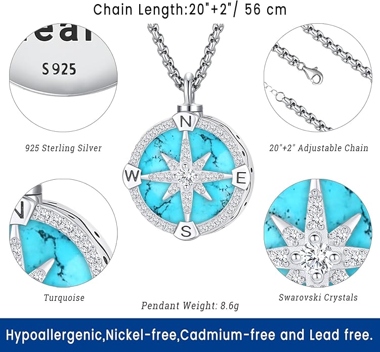 Compass Necklace for Women Men 925 Sterling Silver Pendant Urn Necklaces for - Image 3