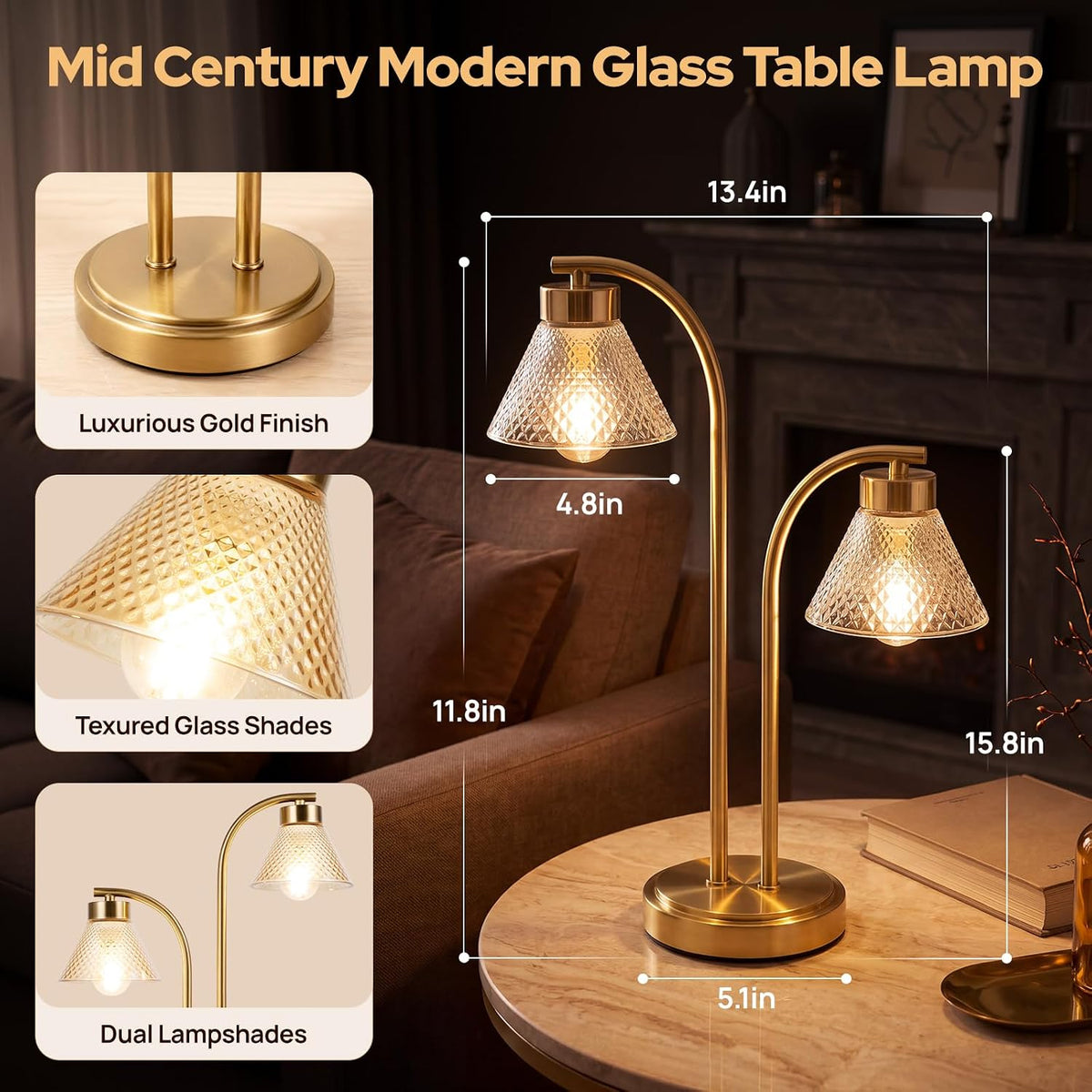 Mid Century Modern Gold Lamp for Bedroom, Amber