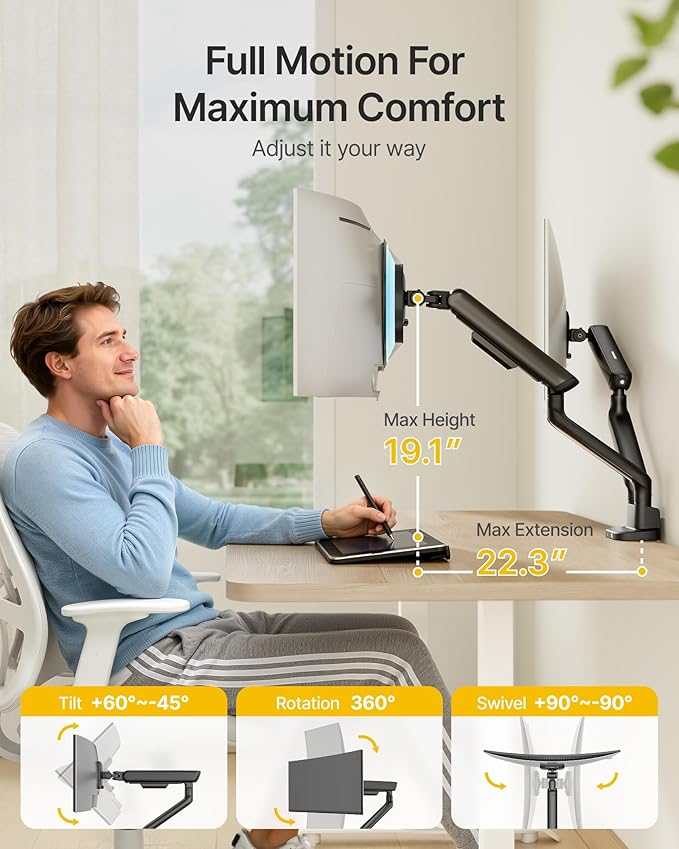 monTEK Dual Monitor Arm with USB, Mechanical Spring Monitor Arm - Image 3