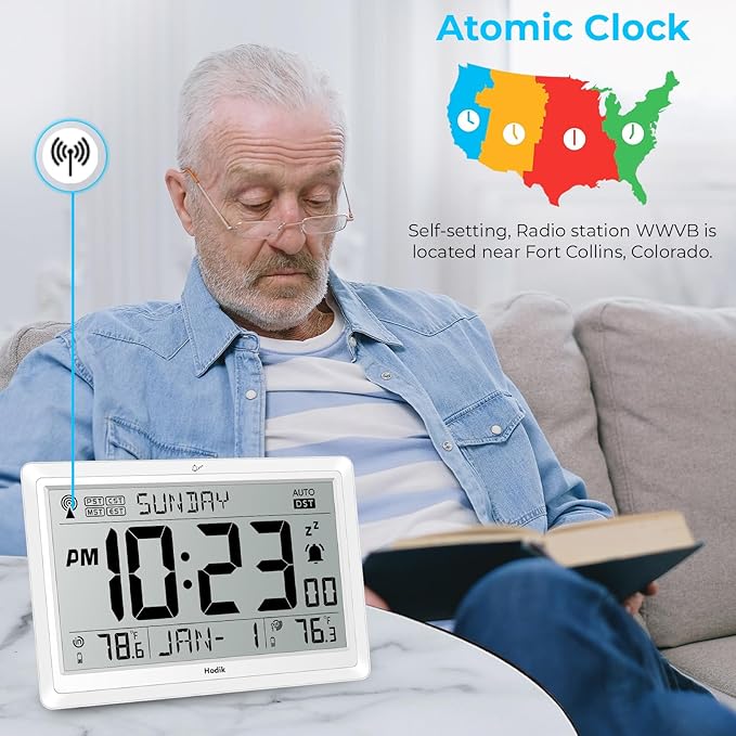 Wall Clock Atomic with Indoor Outdoor Temperature Battery Powered, Easy Reading - Image 4