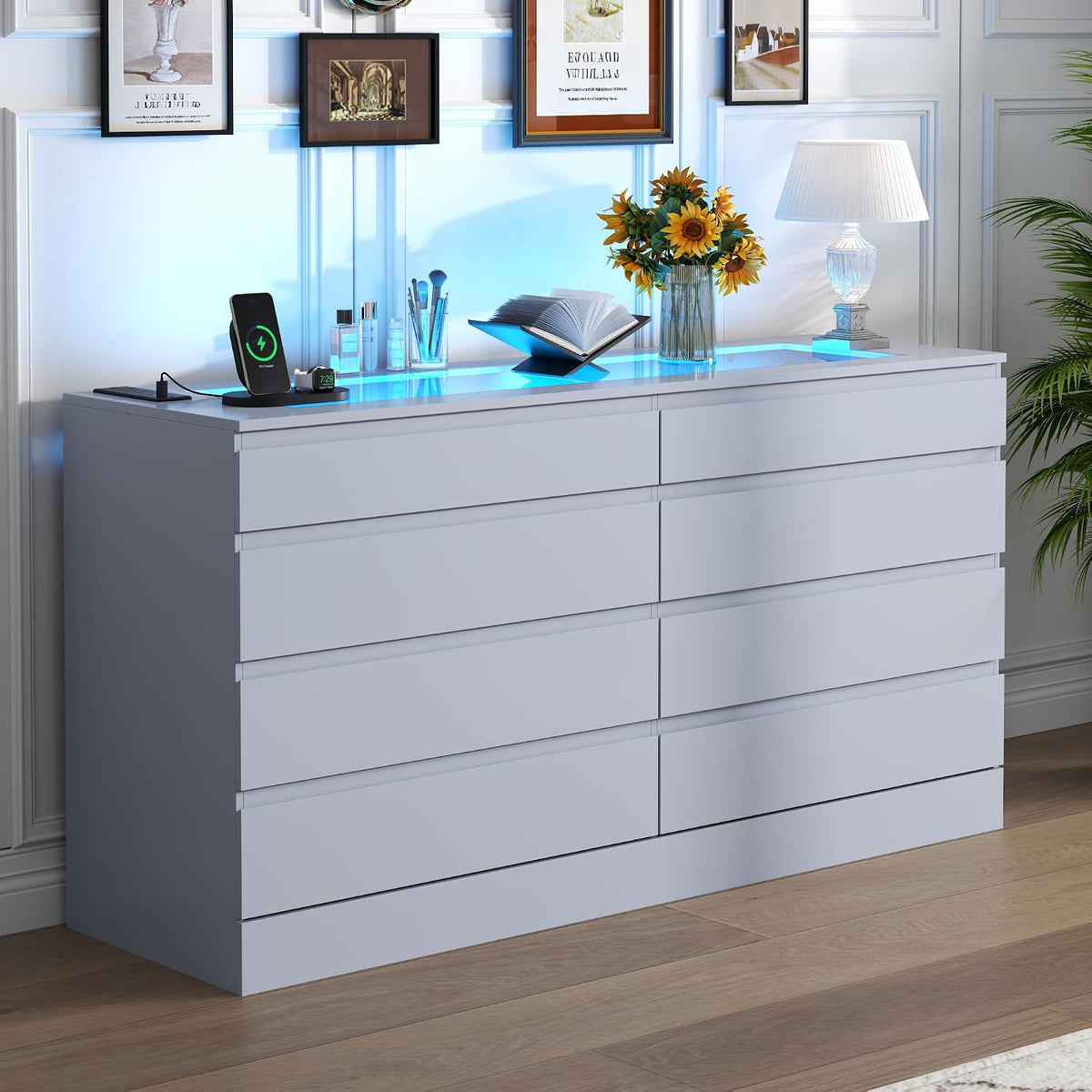 Gyfimioe 8 Drawer Dresser with Power Outlet, White Dresser for Bedroom Chest ...