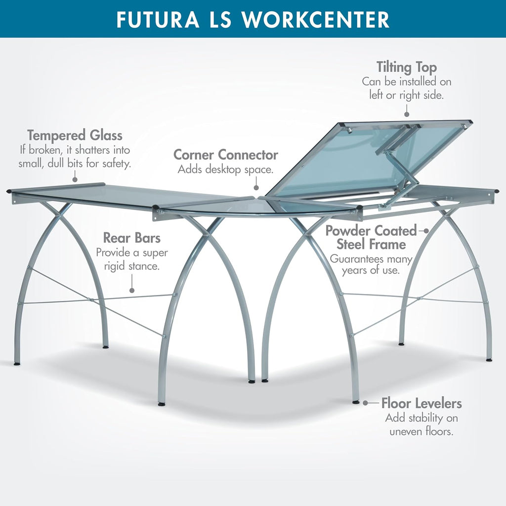 SD STUDIO DESIGNS Futura LS WorkCenter with Tilt Top Adjustable Drafting Table Craft Table Drawing Desk Hobby Table Writing Desk Studio Desk, Silver / Blue Glass