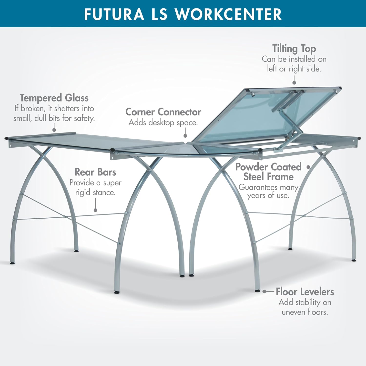 SD STUDIO DESIGNS Futura LS WorkCenter with Tilt Top Adjustable Drafting Table Craft Table Drawing Desk Hobby Table Writing Desk Studio Desk, Silver / Blue Glass