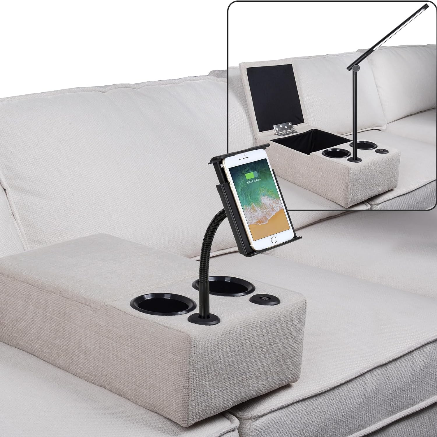 Removable Sofa Armrest with Cup Holder, PU Leather Multifunctional Couch Caddy Storage Arm rest with Power Wireless Charging Stand & LED Reading Light for Sofa Middle Seat Adjustable