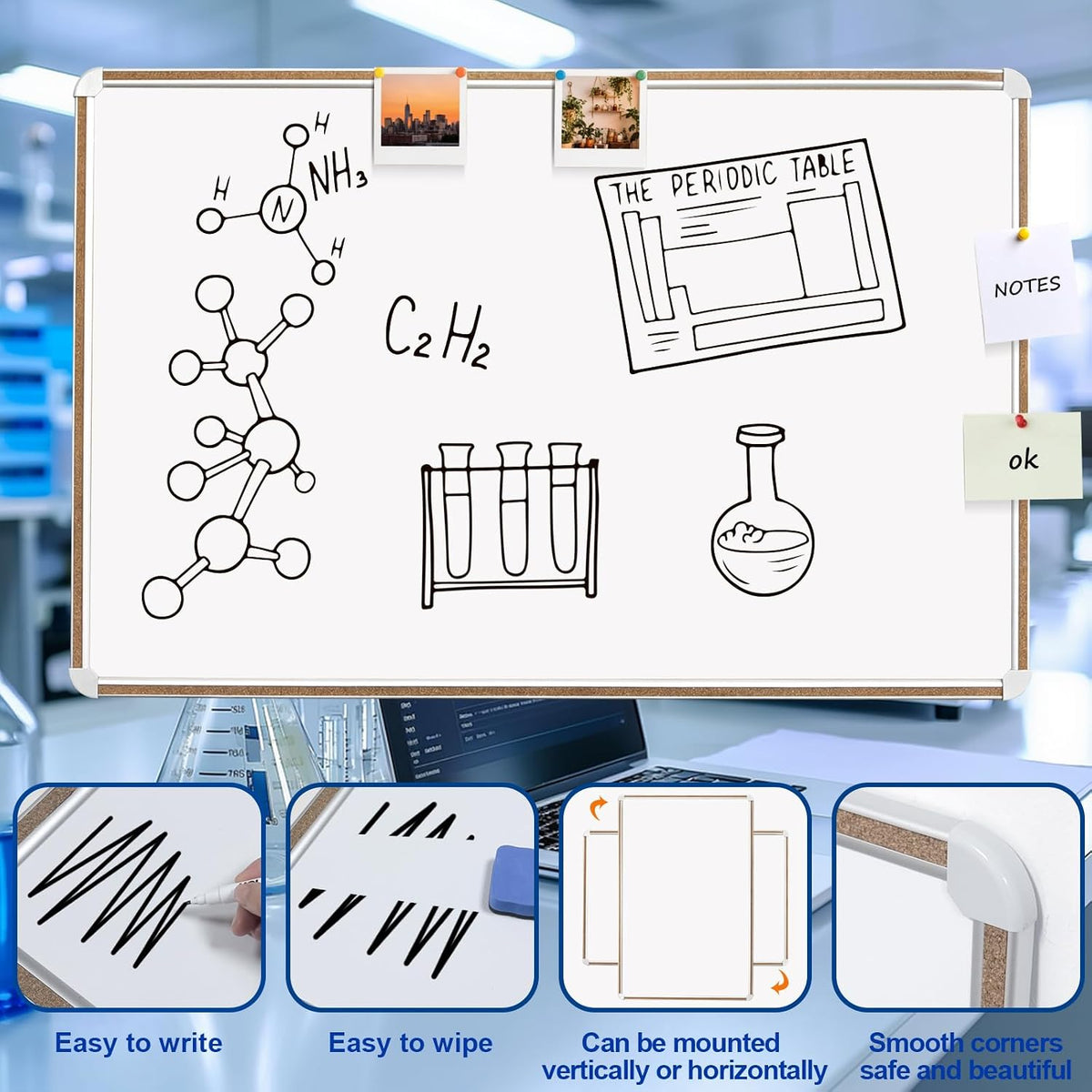 Large Magnetic White Board for Wall,Aluminum & Cork Strip Frame Whiteboar...