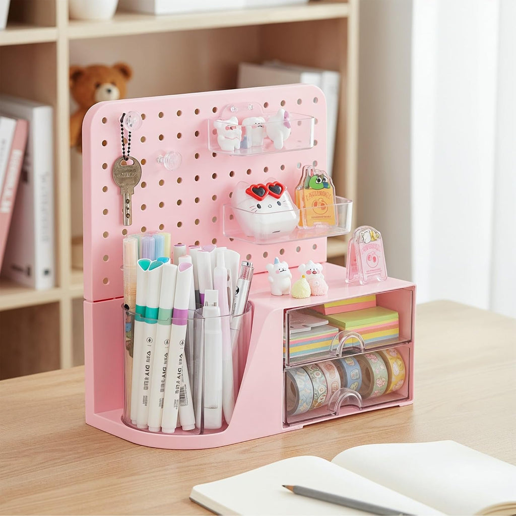 comix desk organizer with 2 drawer, pink 360° showing dimensions