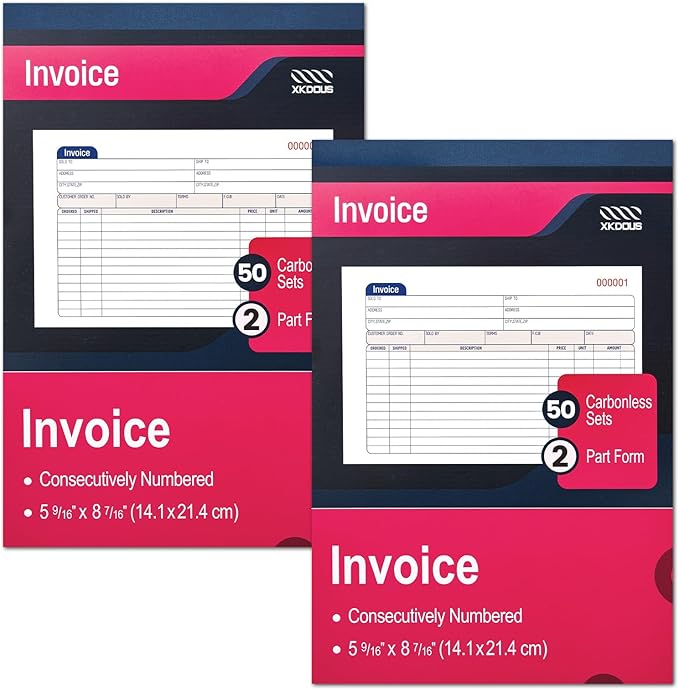 XKDOUS 2 Pack Invoice Book, 2-Part Carbonless, 5-9/16" x 8-7/16" Invoice by XKDOUS
