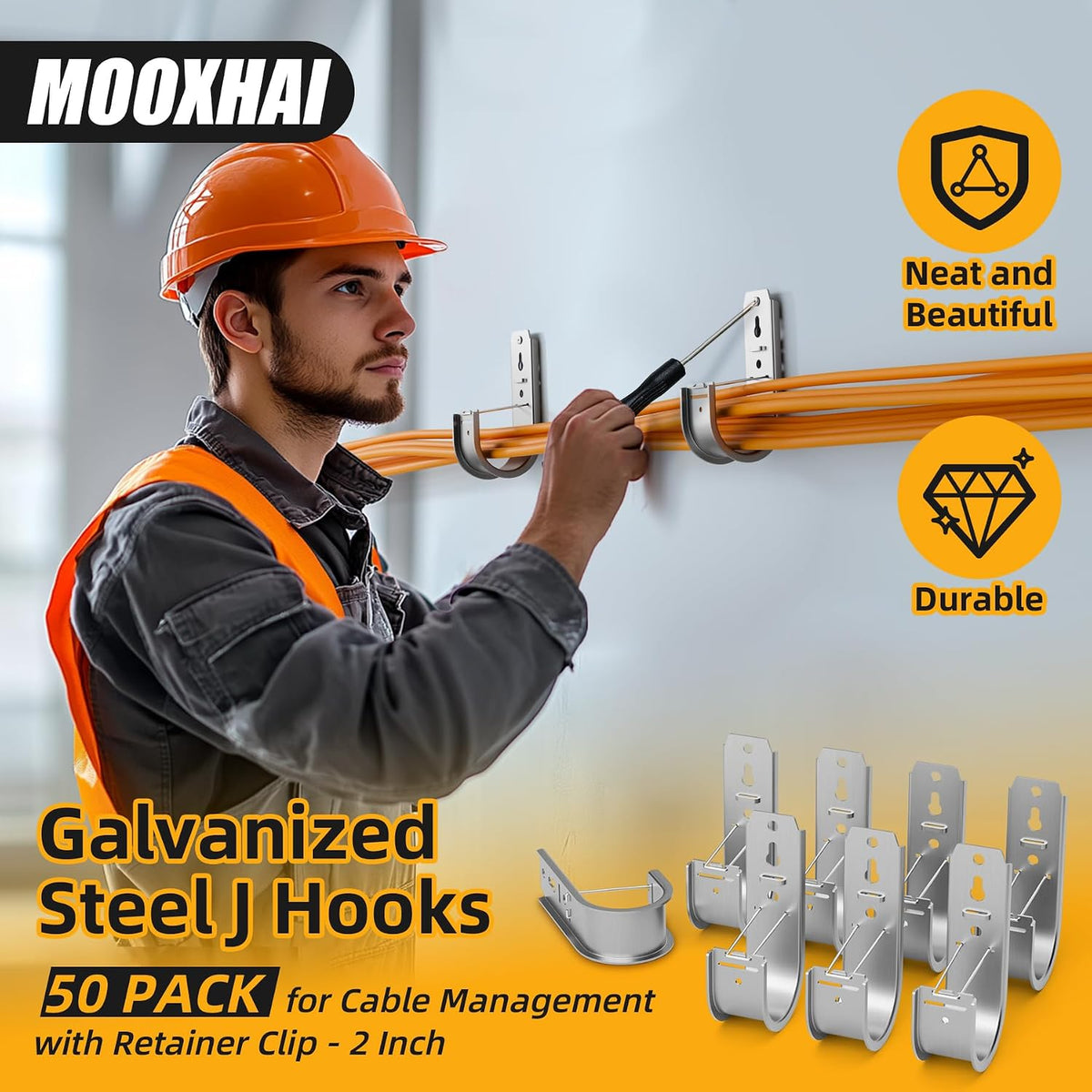 50 Pack 2 Inch J Hooks for Cable Management with Retainer Clips