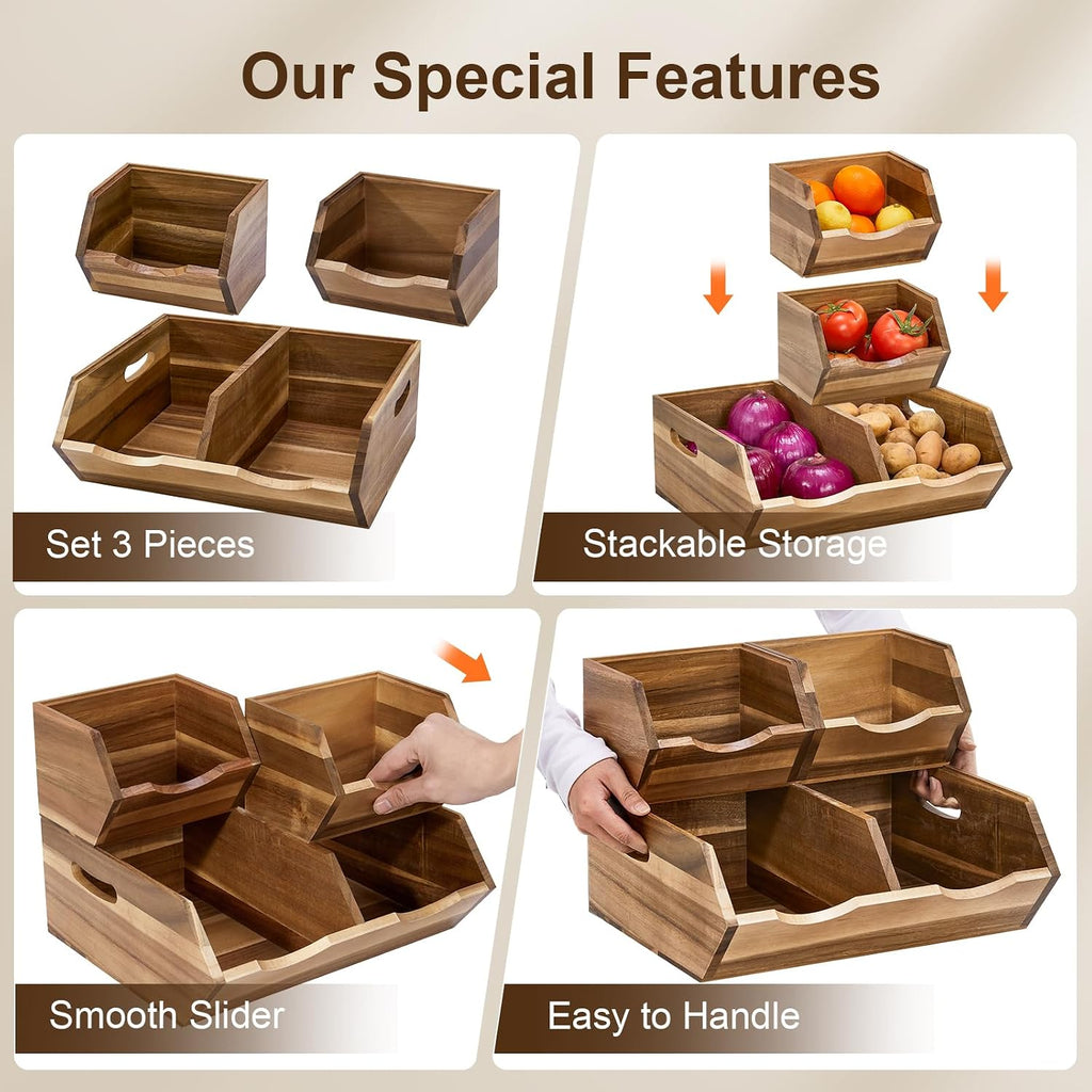 acacia wood pantry storage bins, stackable storage baskets, close-up detail