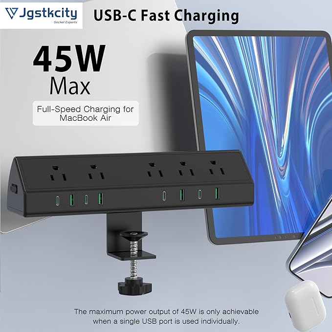 45W Fast Charging Station, Desk Clamp Power Strip, 4 PD USB-C Ports, 5 AC - Image 4