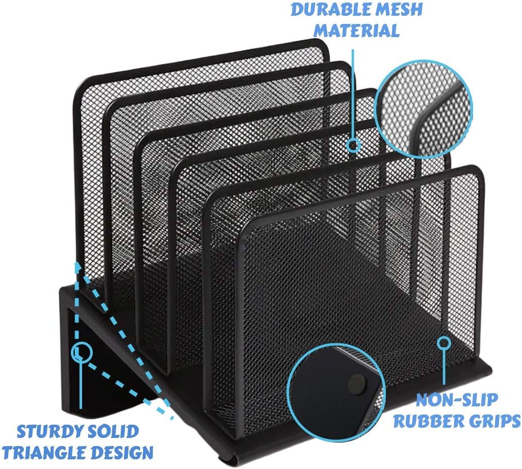 1InTheOffice Metal Mesh File Organizer, Black Wire Mesh 5 Section Incline Sorter